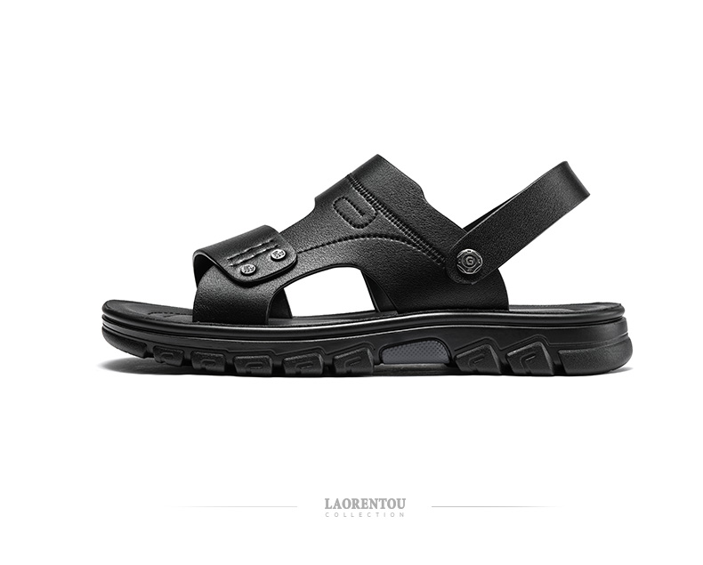 LAORENTOU Men's Beach Sandals Summer Breathable First Layer Cowhide Massage Sole Slippers Outdoor Casual Shoes LT12031 Black Size 40 7