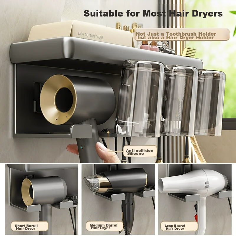 MUYA Electric Toothbrush Holder, Hair Dryer Stand, No Drilling Required, Bathroom Toothbrush Cup, Mouthwash Cup Hanger, Bathroom Wall-Mounted Rack
