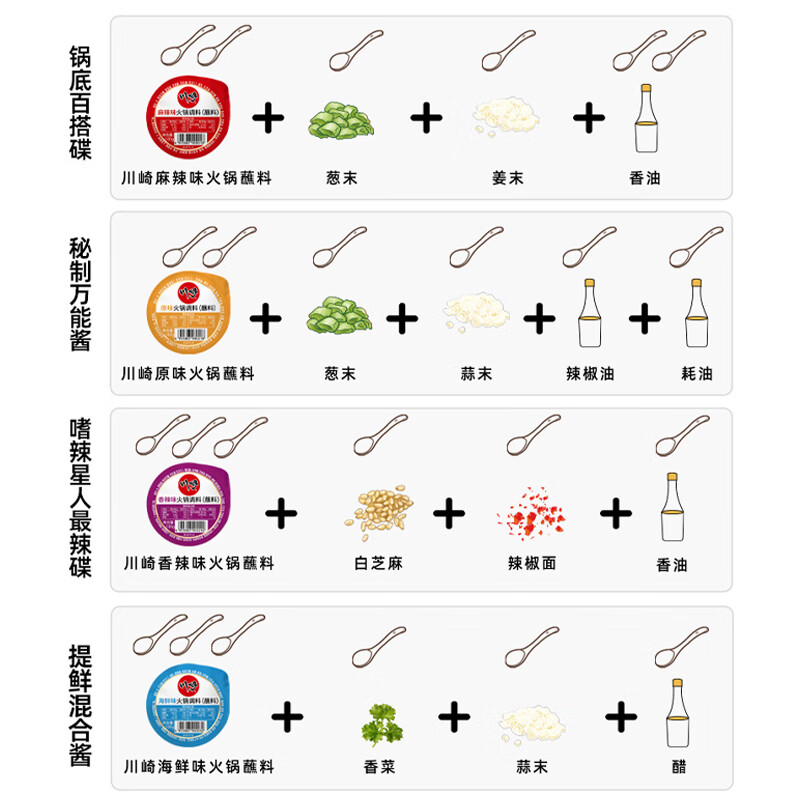 川崎火锅蘸料 热销组合100g*4盒（麻辣+海鲜+美味+鲜辣）调味酱料
