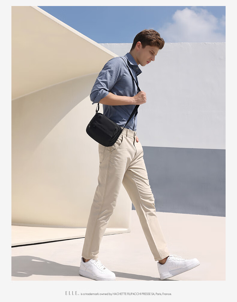 ELLE HOMME Men's Shoulder Bag, Trendy Lightweight Canvas Crossbody Bag, Water-Resistant Casual Phone Bag for Men, Travel Bag, Black 2