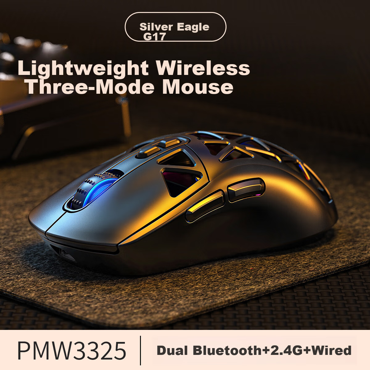 YINDIAO G17 Lightweight Tri-Mode Gaming Mouse, Wireless Bluetooth Rechargeable, E-Sports Sensor, 6-Level DPI, Compatible with Desktop Computers, Laptops, And Smartphones, Premium Edition in Dome Black