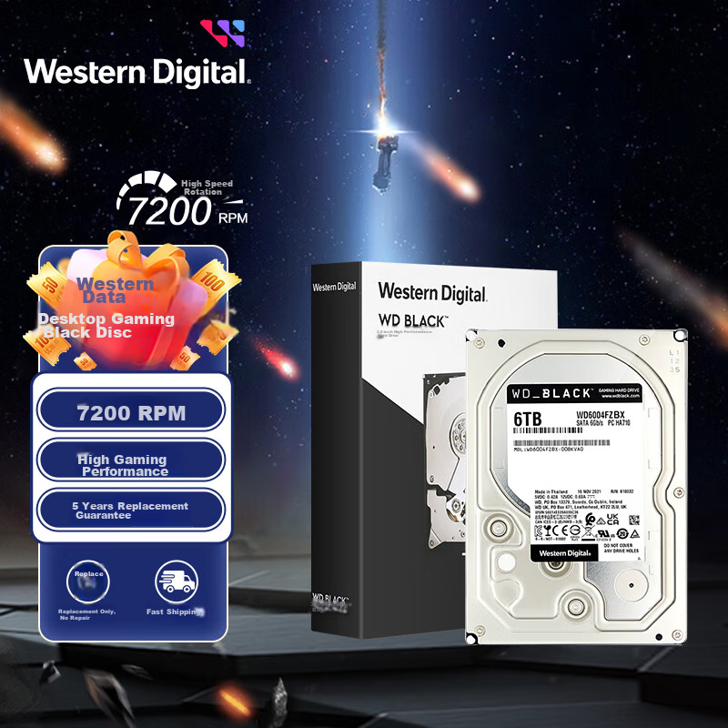 Western Digital (WD) 6TB Desktop Gaming Mechanical Hard Drive, WD_BLACK, SATA 7200 RPM to 256MB CMR Vertical, 3.5-Inch, WD6004FZBX