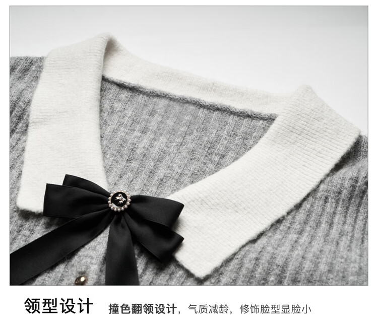 Olrain Lapel Bow Sweater Women's Autumn Pullover Top, Gray (Second Batch), Size S 16