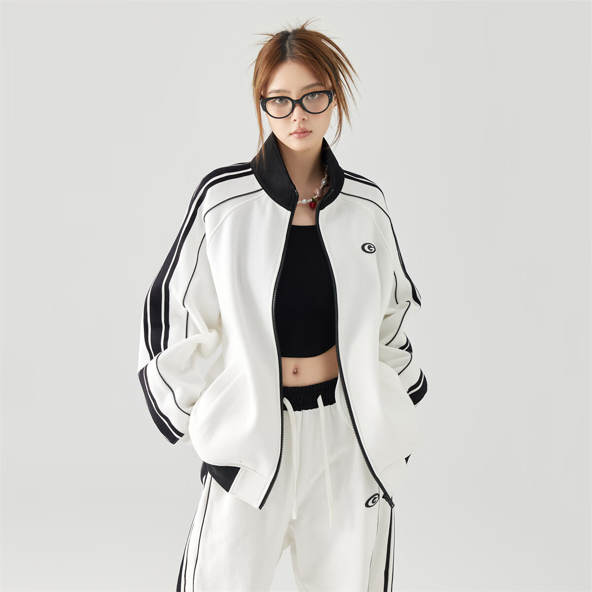 GOLFCROSS Trendy Couple's Style, Preppy Striped Contrasting Color Stand-Up Collar Loose Cardigan Sweatshirt Jacket, White, XL