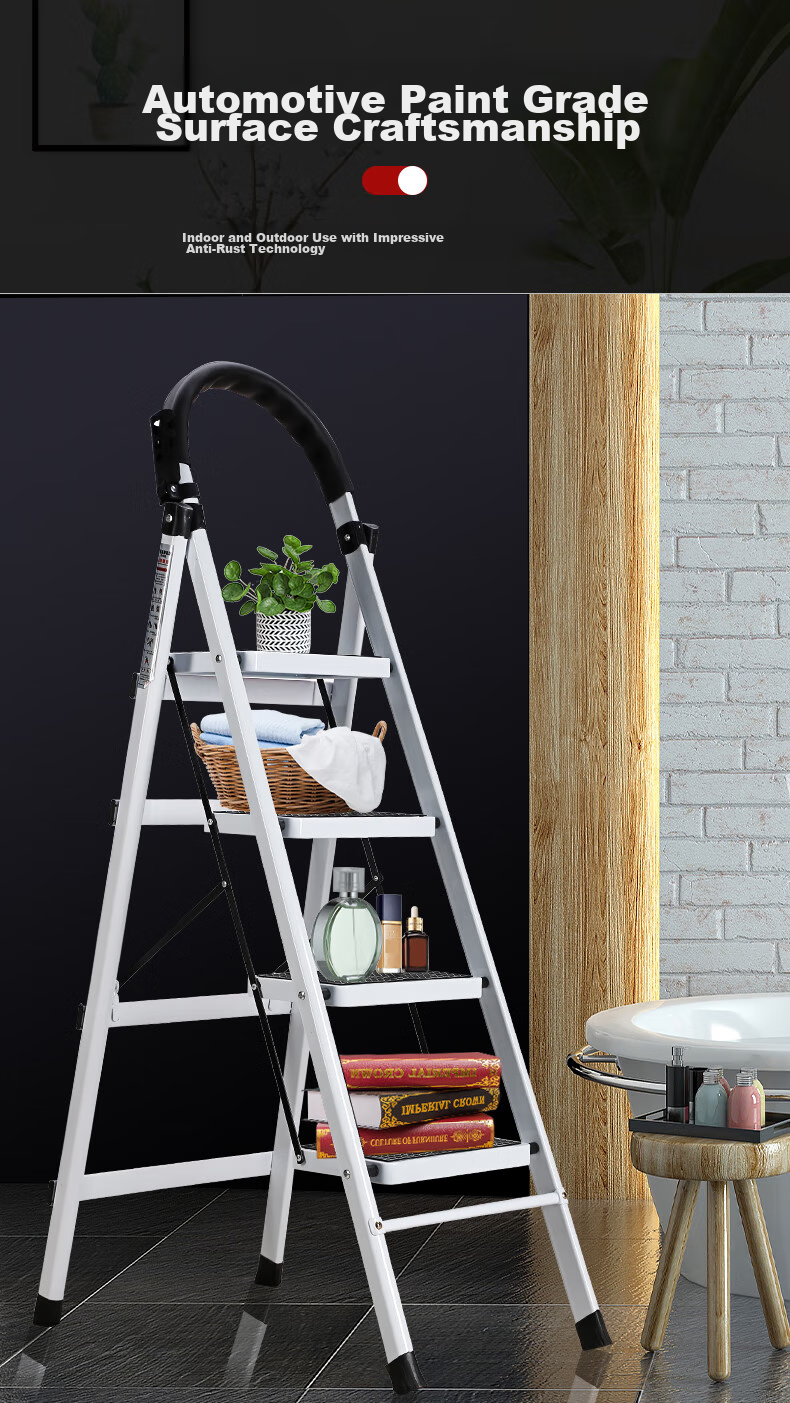 AOZHI Folding Ladder for Home Use, Thickened Steel Tube, Thickened Steps, A-Frame Ladder, Engineering Ladder, White Five-Step Ladder 6
