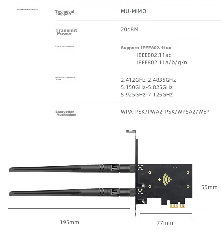 EB-LINK Intel AX210 Chip PCI-E Wireless Network Card, Bluetooth 5.3, Desktop Computer Built-In WiFi 6 Tri-Band, 5374M Gigabit Network Card, PCIE Gaming Desktop Network Card 15