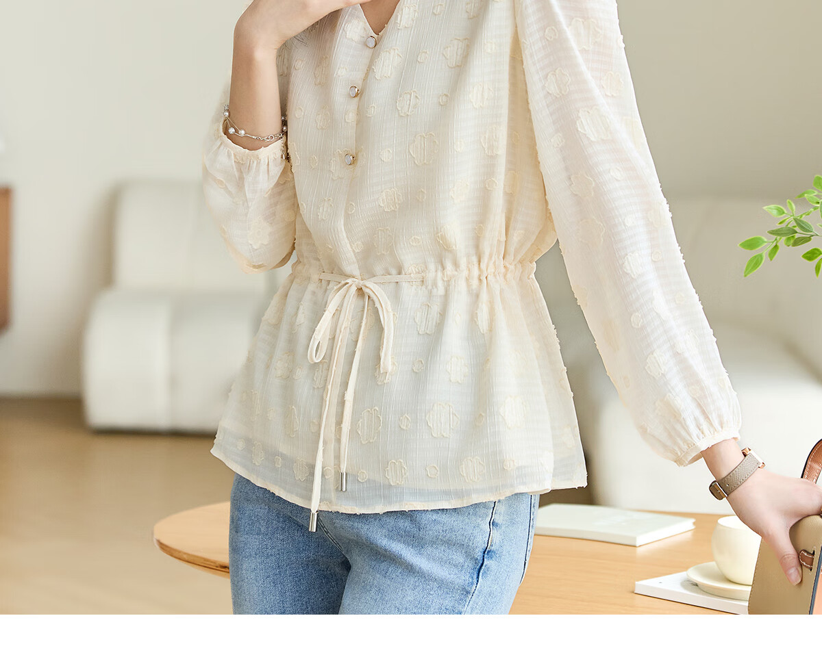She Enjoy Long Sleeve V-Neck Puff Sleeve French Style Shirt Elegant Versatile Tie Waist Blouse T141C2665 5