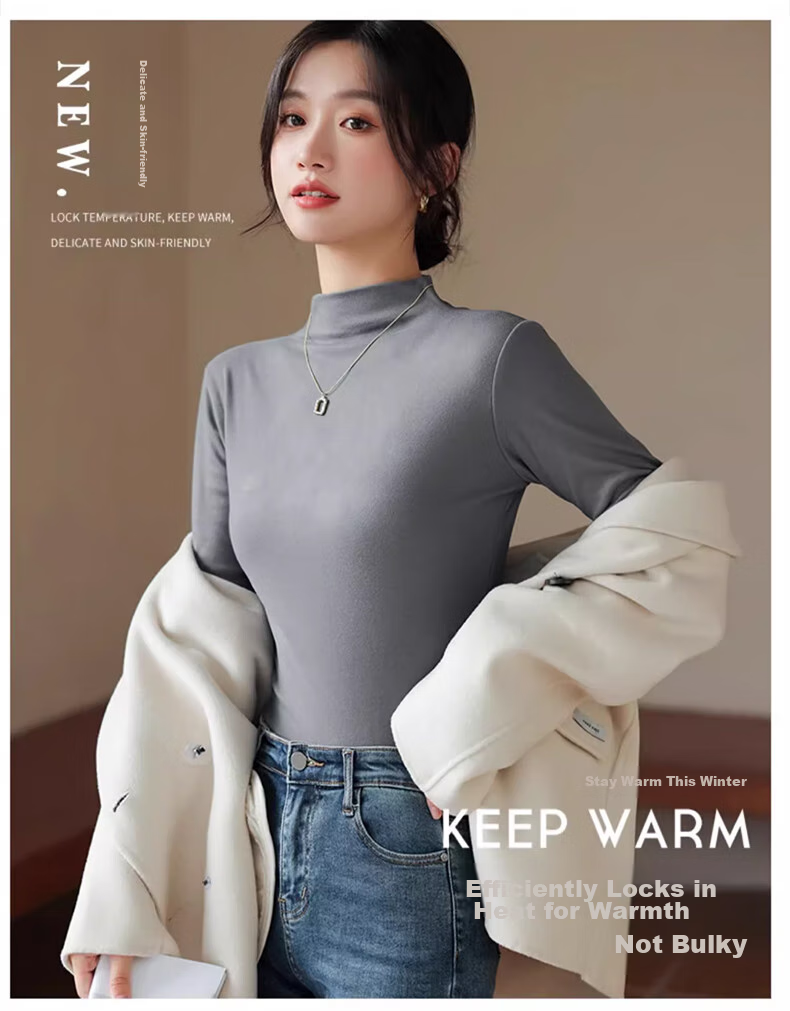 LangSha Semi-Turtleneck Base Layer for Women, New Autumn And Winter Thick Fleece Ribbed Long-Sleeve Slim-Fit Antibacterial Anti-Mite Inner Wear Top 6