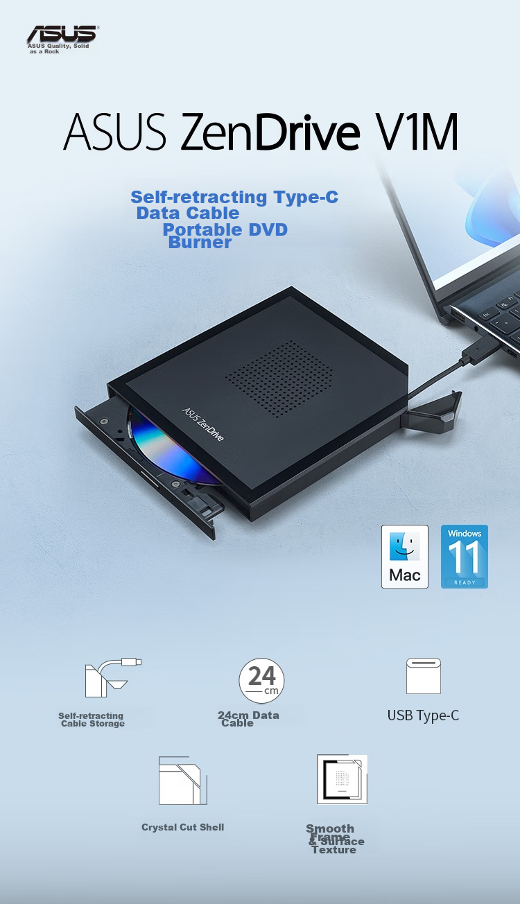 ASUS 8x External Optical Drive DVD Burner Type-C Interface Cable Self-Storing (SDRW-08V1M Light And Shadow) 1