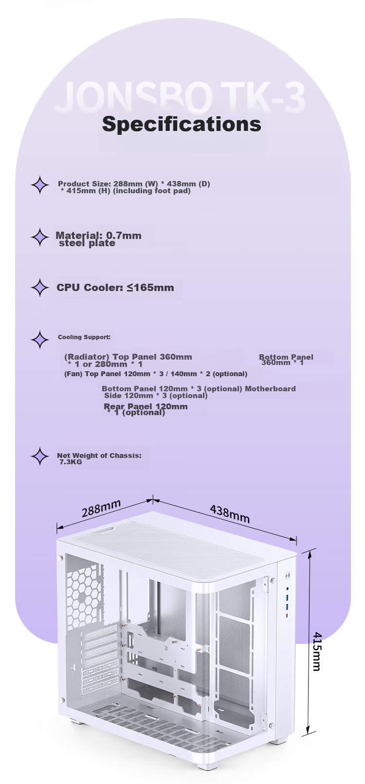JONSBO TK-3 White Curved Panoramic ATX Case (Dual 360mm Radiator Support/ATX PSU/10 Fan Positions/Type-C Gen2 10Gbps+) 15