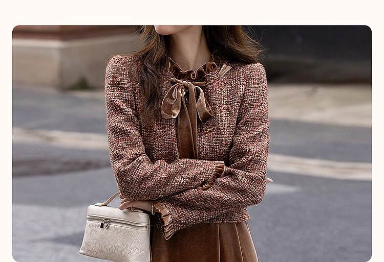 DME Winter Elegant Little Chanel Style Wool Blend Faux Two-Piece Ribbon Collar Ruffle Edge Dress Brown Red XL 3