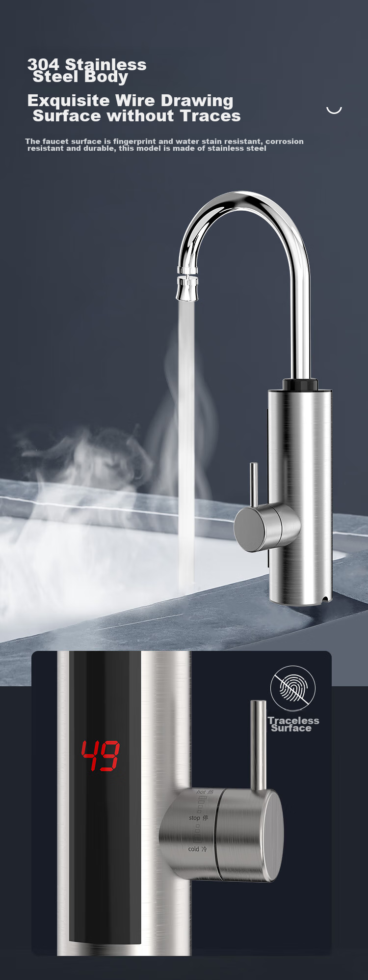 CHIGO Stainless Steel Constant Temperature Electric Water Faucet, Variable Frequency Constant Temperature Rapid Heating Household Cold And Hot Dual-Use Electric Water Heater, Bottom Inlet Instant Heating Type ZG-KBS31B with Free Leak Protectio 5