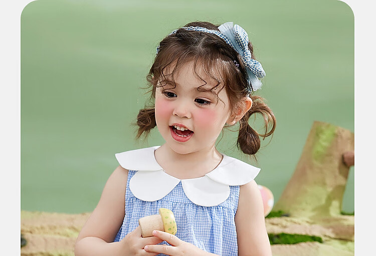 ASK JUNIOR Girls' Sleeveless Dress Summer Thin Petal Collar Plaid Casual Dress Blue Size 90 10