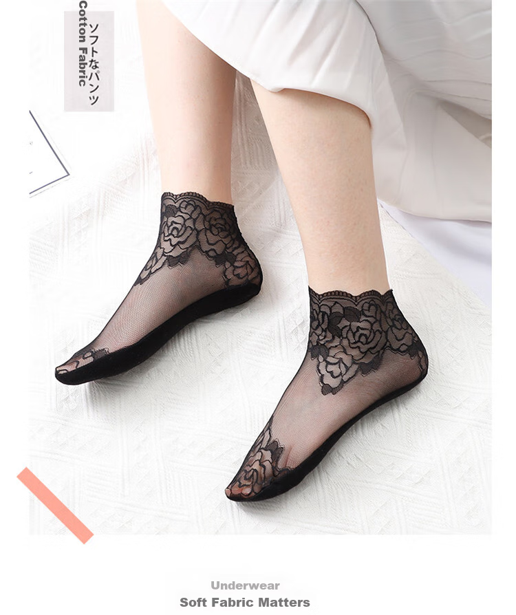 LangSha Women's Lace Stockings with Ribbons, 6 Pairs of Mesh Short Socks with Cotton Bottoms, Thin Spring And Summer Socks 13