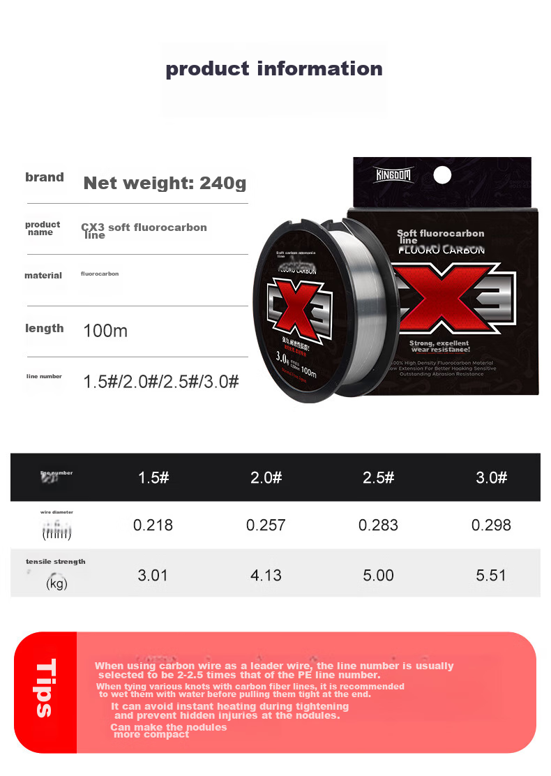 Guowangliya Fishing Line, Carbon Fiber Leader Line, Sub-Line Softening Teflon Line, 100 Meters Main Line, Anti-Bite Wear-Resistant, Size 2.0 2