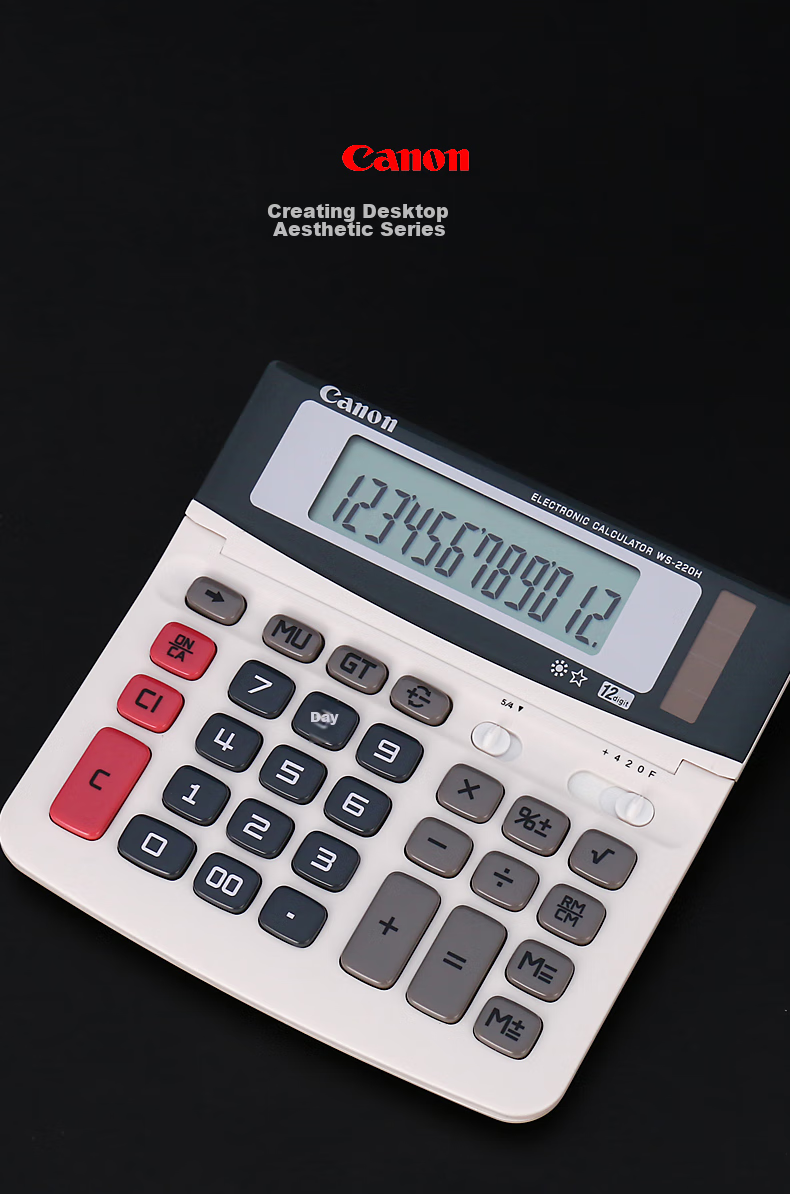 Canon WS-220H Calculator, 12-Digit Display, White, Dual Power Supply, High Precision, for Student Exams And Office Use, Adjustable Screen, Business Portable 5