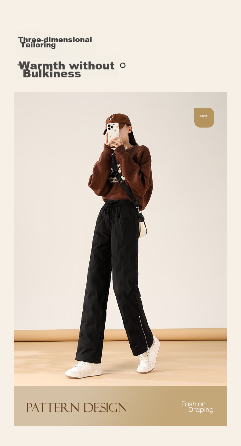 SNOWFLYING Women's down Pants, Autumn And Winter Warm Thickened, Fashionable Wide-Leg Straight Trousers for Outer Wear, Black, Size 160/S 2
