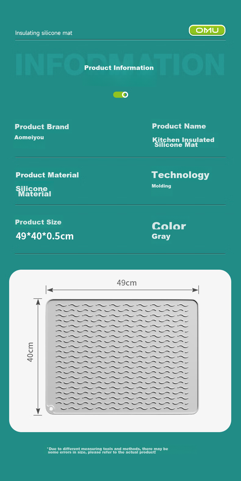 AOmeiyou Heat-Resistant Mat, Draining Pad, Kitchen Silicone Mat, Countertop Pad, Cutting Board Non-Slip Mat, High-Temperature Resistant Anti-Scalding Mat, Placemat 6