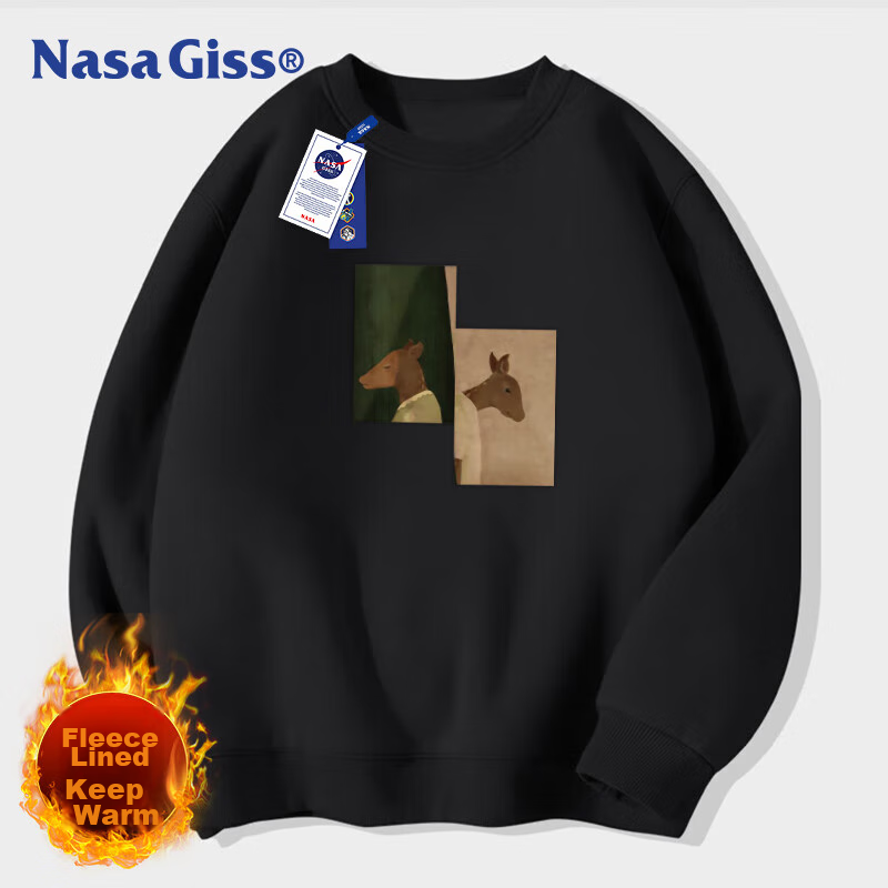 NASA GISS Men's Fleece-Lined Sweatshirt, Warm Round Neck Long-Sleeve T-Shirt, Loose Undershirt, Black [Deer], L