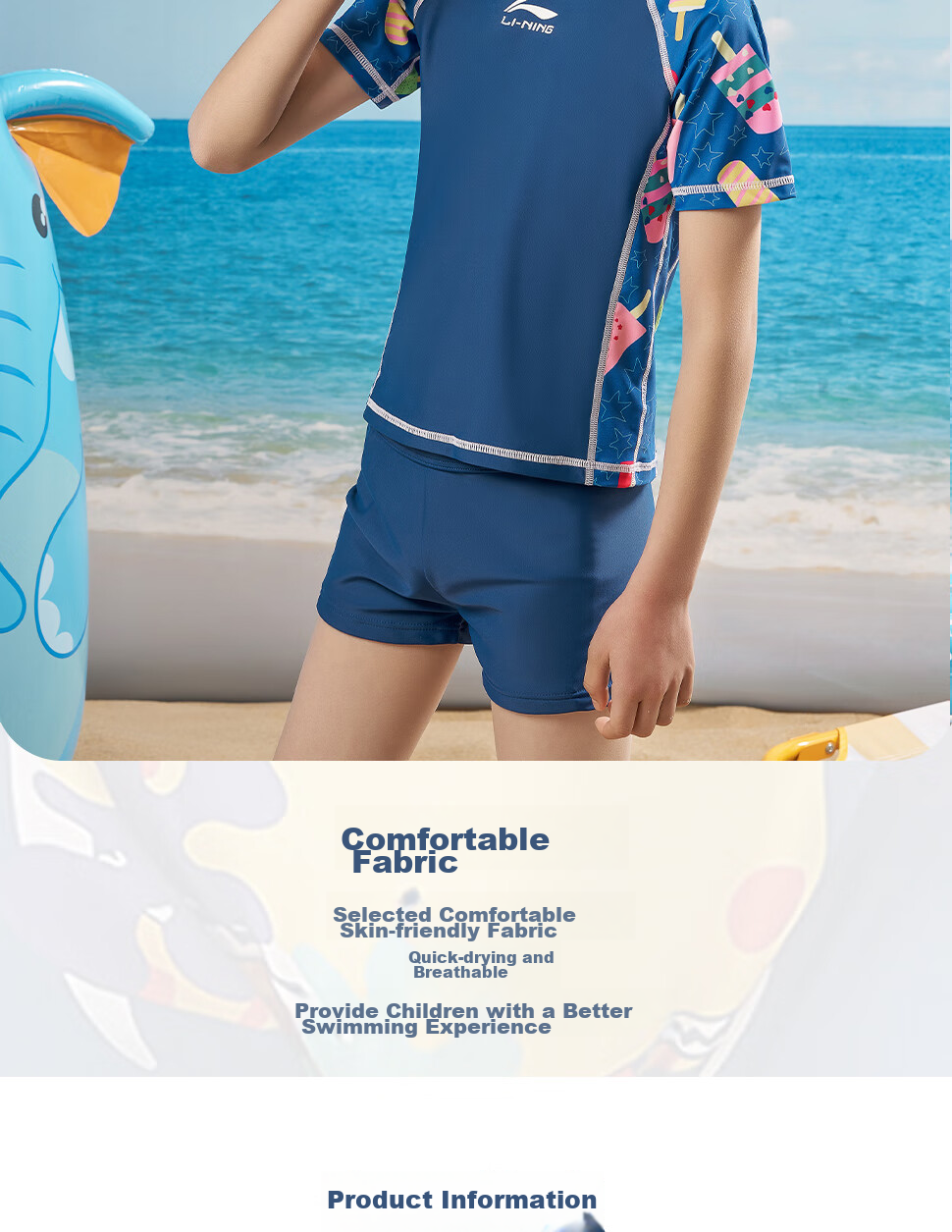 Li-Ning Children's Swimwear, Boys' Two-Piece Swimsuit, Surfing Suit, Swimming Goggles And Cap Set, Hot Spring Resort Swimwear, 671 Blue, Size 160 7