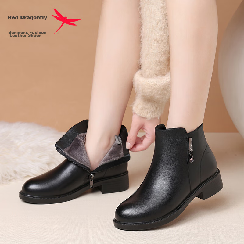 Red Dragonfly Women's Short Boots Fleece Lined Warm Fashion Boots Women's Chunky Heel Leather Mid Heel Cotton Boots WTC434351C