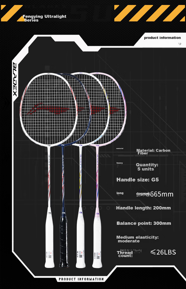 Li-Ning Badminton Racket, Jisu Guang 79g, Ultra-Light 5U Full Carbon Steel Cannon, Small Whirlwind Single Racket, Dark Purple Blue, Pre-Strung 8