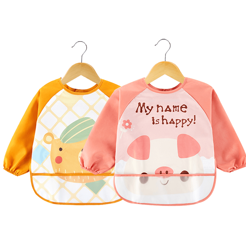 Beedoll Children's Smock Bib, Waterproof And Stain-Resistant, Baby Apron for Eating And Drawing, Bear + Pig Desig
