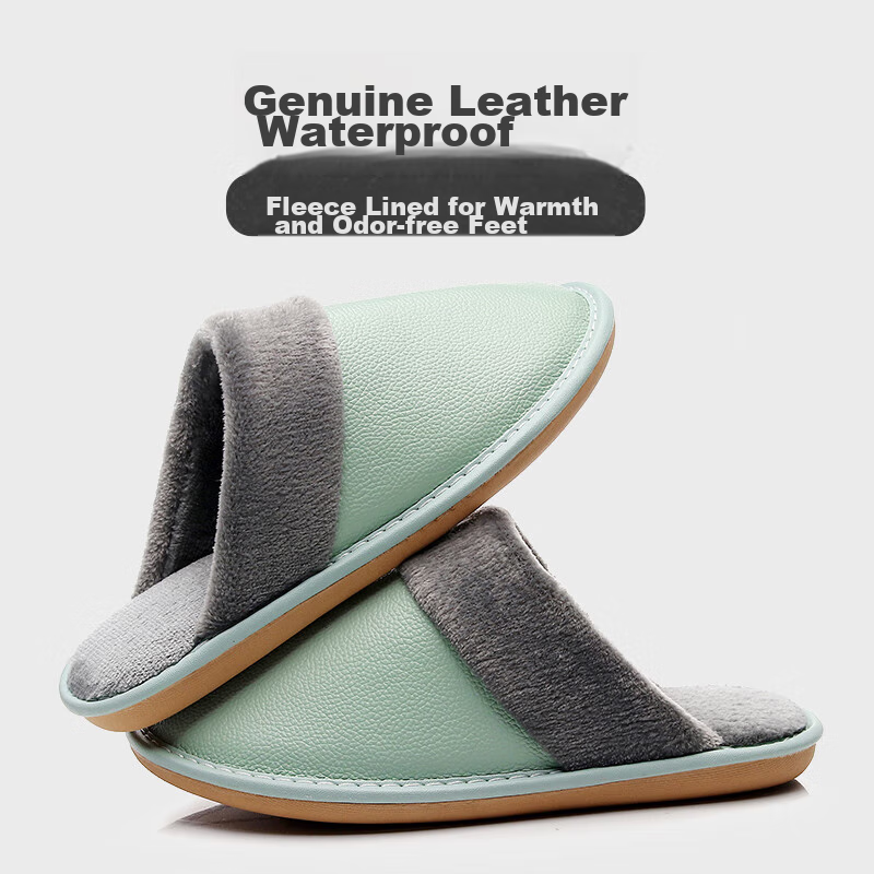 GUOLUOFEI Autumn And Winter Cowhide Slippers for Men And Women, Indoor Non-Slip Warm Genuine Leather Cotton Slippers, Mint Green, Size 36-37
