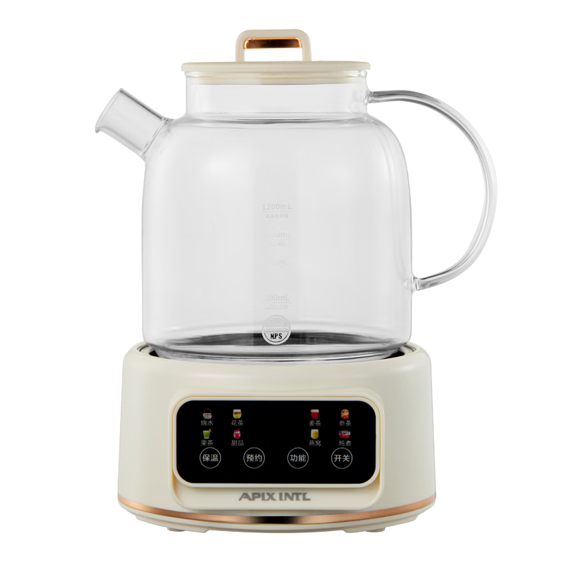 APIXINTL Anben Su 1.2L All-Glass Health Pot Household Electric Kettle Mini Tea Kettle Insulated Multifunctional Automatic Temperature Control Kettle with Tea Strainer for Office