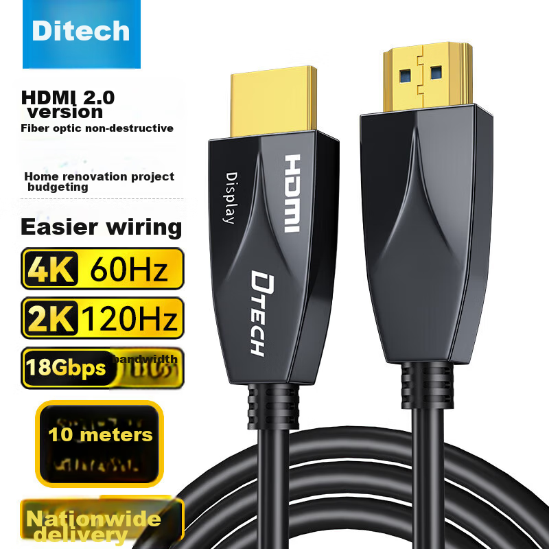 DTECH Fiber Optic HDMI Cable Version 2.0, 4K60Hz, for Engineering And Renovation, Connecting Computer Set-Top Box to TV, Monitor, Projector, Home Use, 3D High-Definition Cable, 10 Meters, DT-HF2010