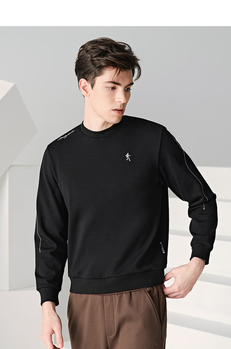 DANCING WOLVES [Fleece-Lined Thickened] Autumn And Winter Plain Line Design Trendy Versatile Round Neck Thick Sweatshirt for Men, 001 Black, Size 180 7