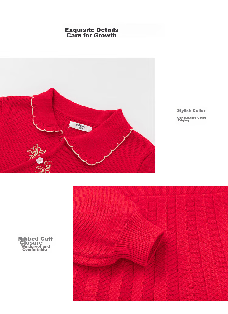 BALABALA Girls' New Chinese-Style Knitted Dress, Spring 2025 Collection, Red Pleated Princess Greeting Dress, 208125111001 12