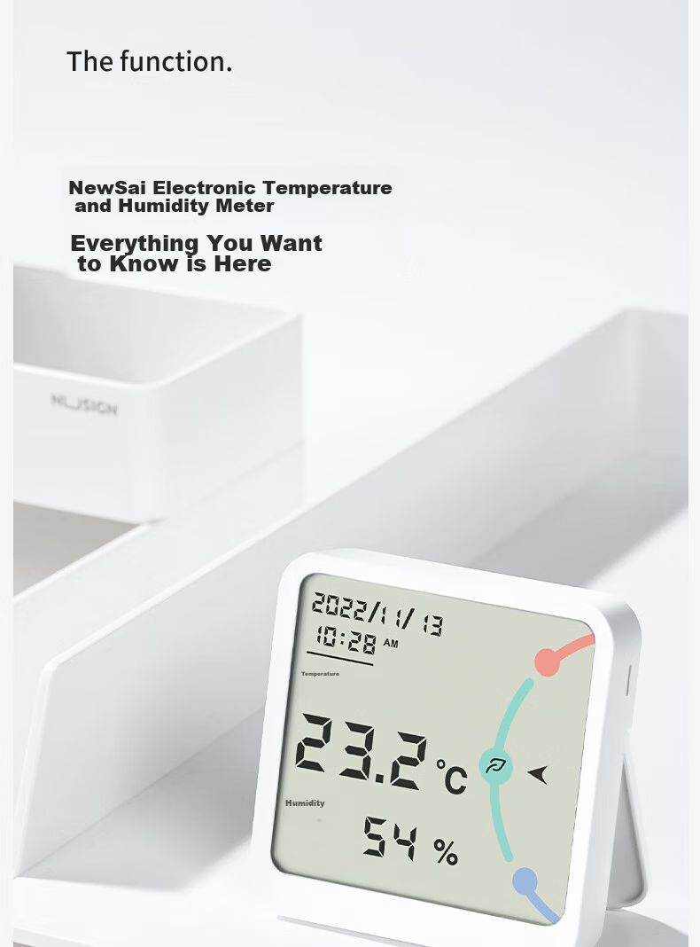 Deli Niusai Series Electronic Thermometer And Hygrometer, Wide Screen Display with Time Function, Metal Back Patch Included, White, NS873 4