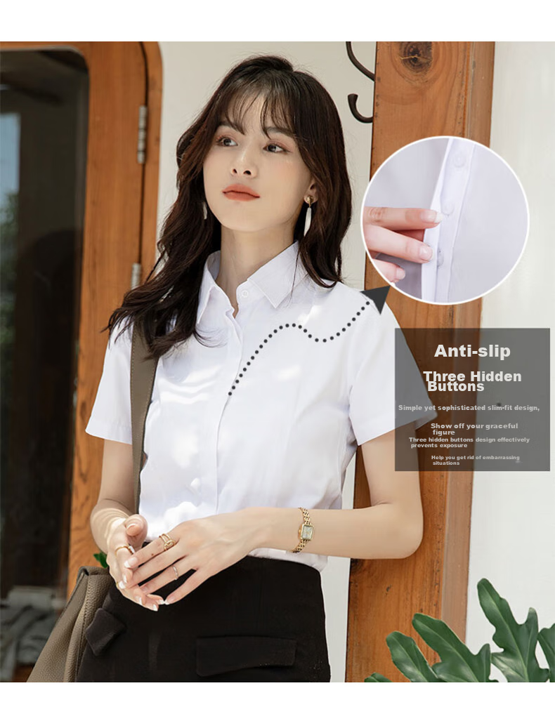 XUEXIMAN Short-Sleeve Shirt for Women, Work Uniform Blouse, Business Casual Slim-Fit Professional Wear, Summer Work Clothes, Square Collar, White 4
