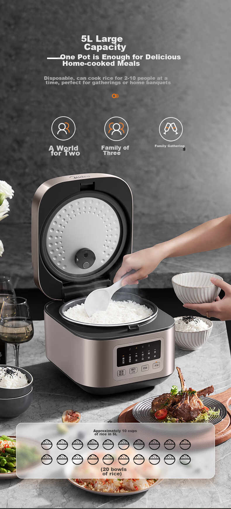 Midea 5L Rice Cooker, Five-Layer Energy-Focusing Pot, Seven Major Functions, Menu, 8H Intelligent Reservation, Metal Brushed Exterior, Rice Cooker MB-AFB5052R [ZMD Peace of Mind Series] 8