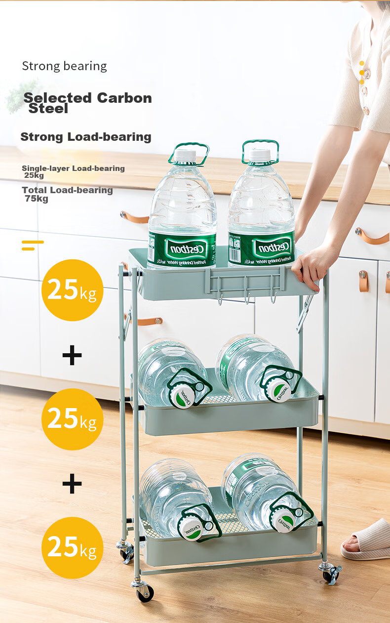 COOKER KING Three-Tier Storage Rack, Foldable Organizer Cart without Installation, Multifunctional Shelf Unit, Floor-Standing Storage Rack, Light Gree 4