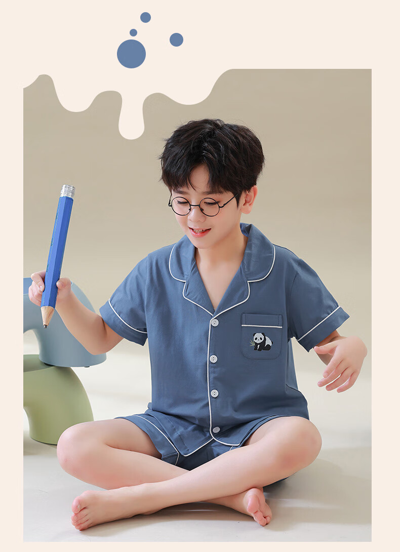 Hengyuanxiang Children's Pajamas, Boys' Pure Cotton Summer Thin Short-Sleeve Loungewear, Cardigan Sleepwear And Pajama Pants Set 9