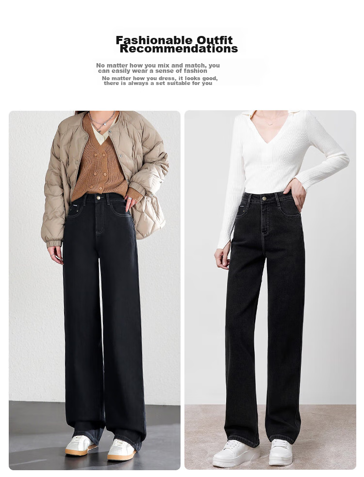 Dme Fleece-Lined Slim Straight Pants, Winter Loose-Fit Jeans for Women, Slimming And Leg-Slimming Trousers, Long Women's Pants, Midnight Black, Size 29 5