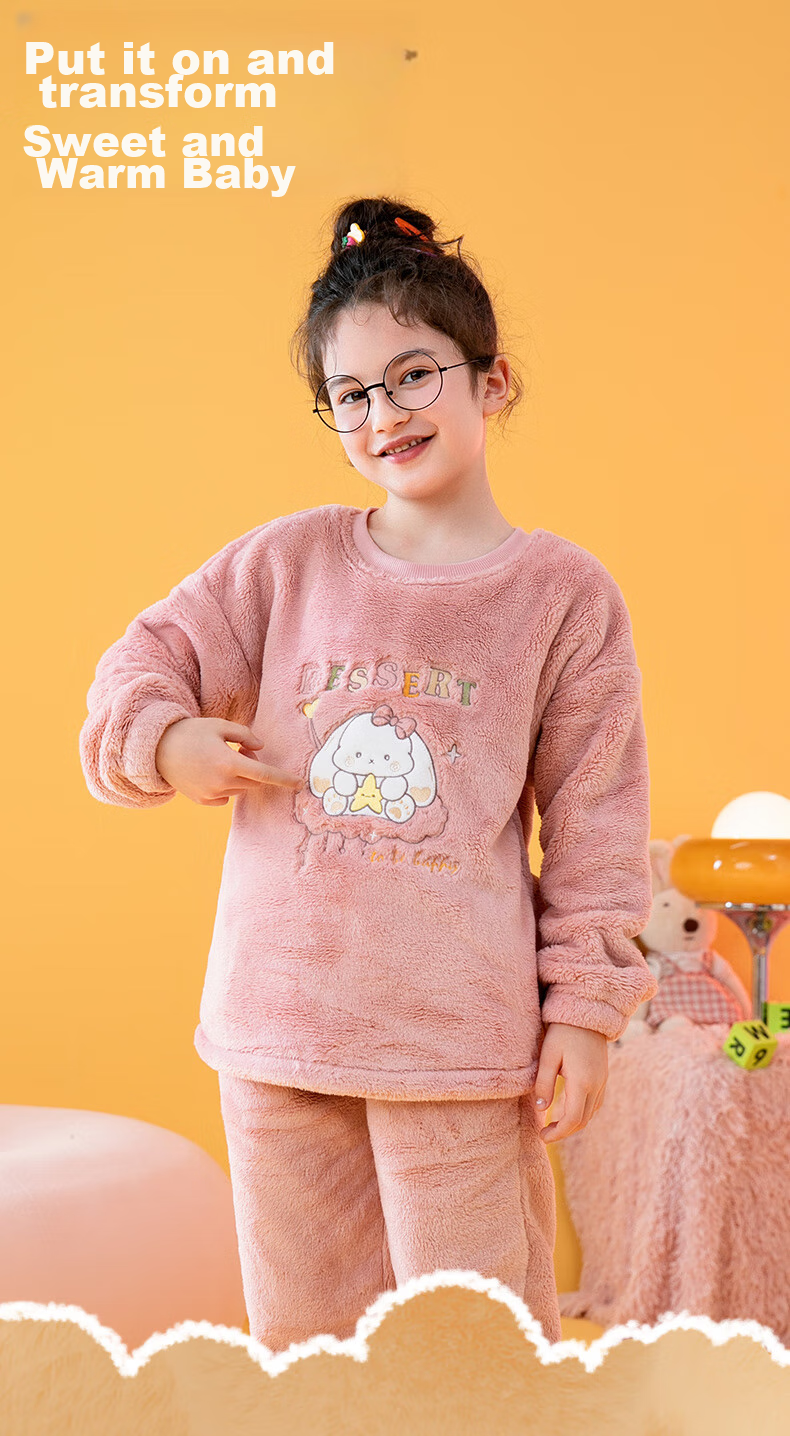Fenteng Children's Pajamas for Girls, Warm Long Plush Cartoon Thickened Loungewear Q9FX257940232 2