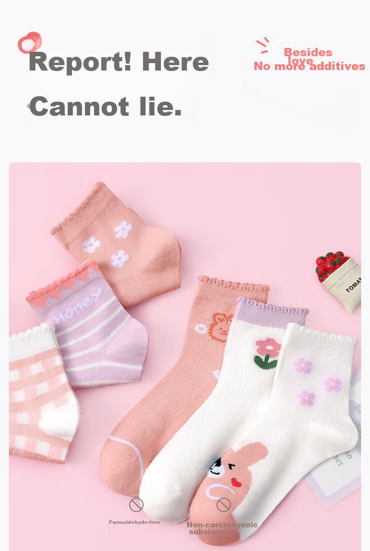 LangSha Children's Socks, Girls' Mesh Cotton Socks, Spring And Summer Thin Mid-Calf Socks for Girls, Students, Small Bear Pattern (6 Pairs) 7