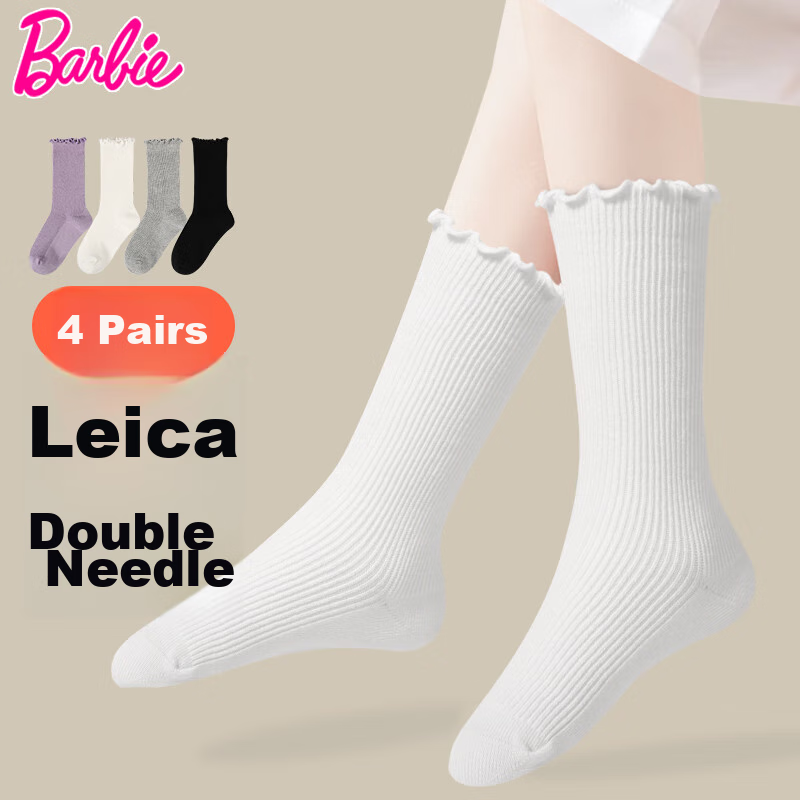 Barbie Children's Slouch Socks Spring And Autumn Girls' Socks Baby Ruffled Cotton Mid-Calf Socks for Students And Girls