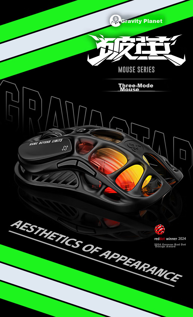 GravaStar Chrysalis Wireless/Wired Bluetooth Gaming Mouse for Home And Office, Lightweight Hollow-Out 3395 Long Battery Life Rechargeable RGB Lighting Liquid Black 1