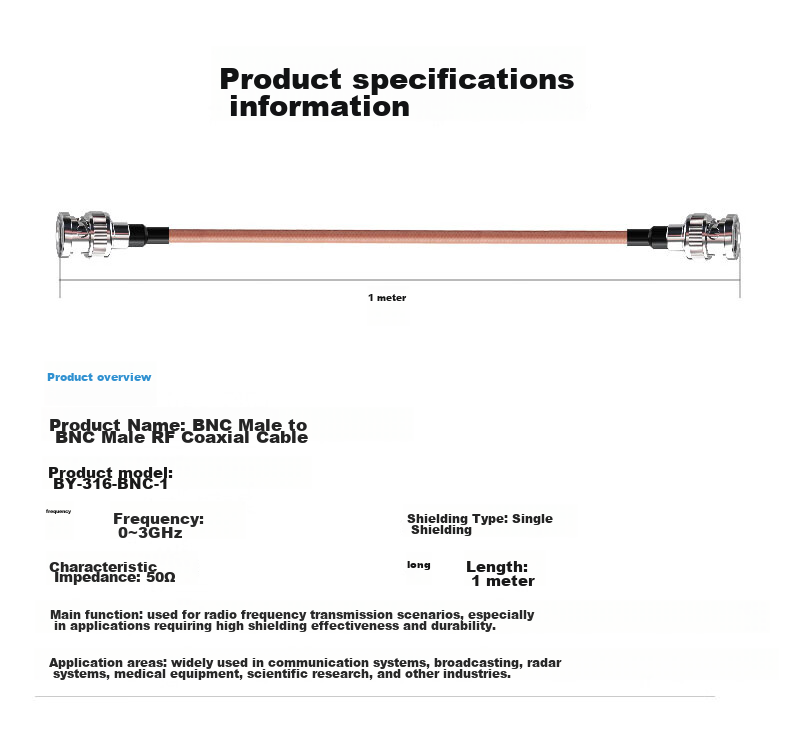 BOYANG BNC Male to BNC Male RF Cable, 50 Ohm, 1 Meter, High-Frequency RG316 Ultra-Soft Silver-Plated Shielded SFF50-1.5 High-Temperature Cable (0-3G), BY-316 4