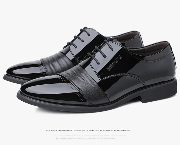 BEIOUTU Leather Shoes for Men, Business Formal Shoes, British Style Low-Cut Lace-Up Patent Leather Wedding Shoes, 2813 Black, Size 42 15