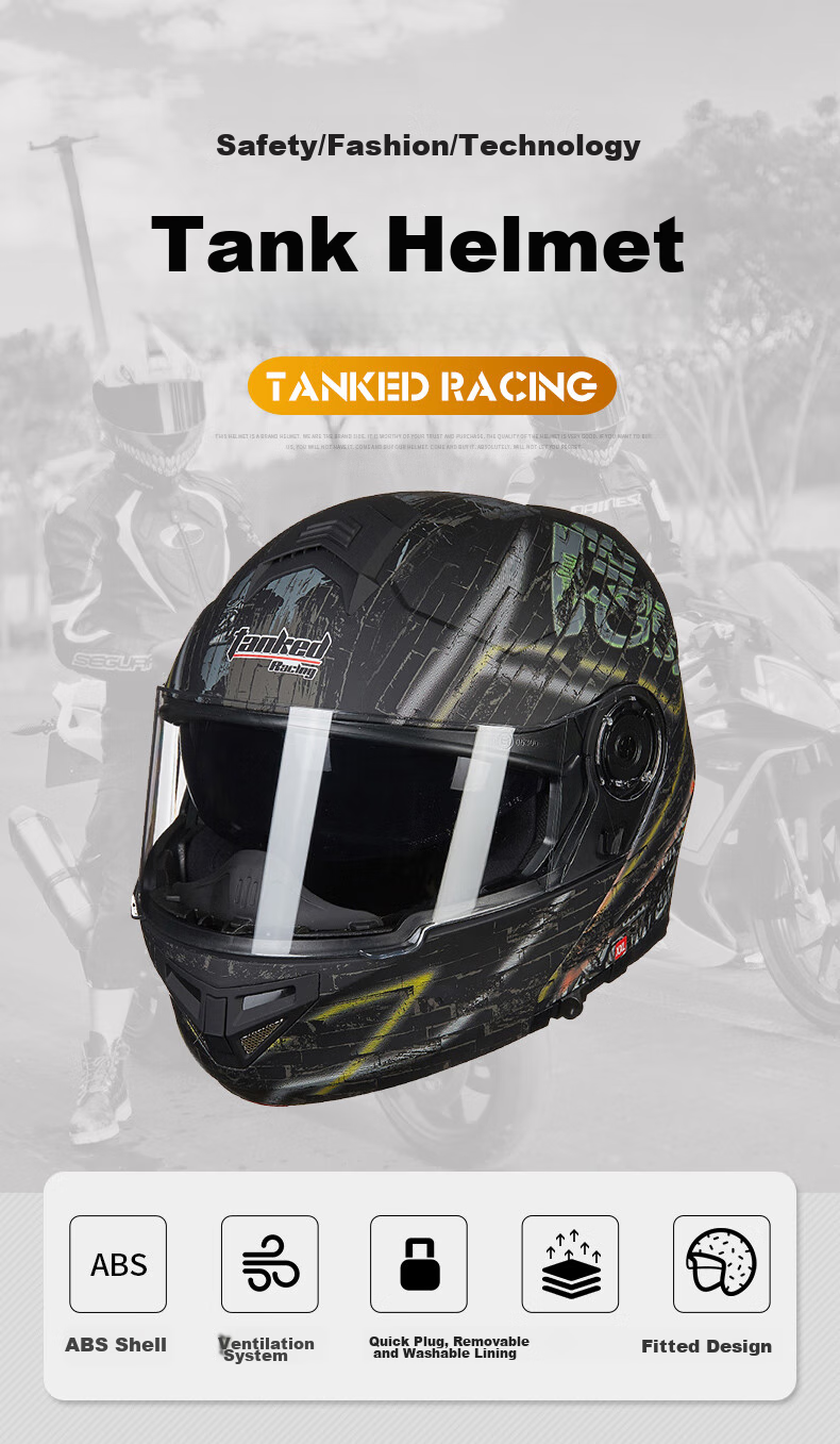 Tanked Racing Motorcycle Helmet T270 Flip-Up Helmet, 3C Certified, Dual Visor, All-Season Anti-Fog Riding Safety Helmet, Matte Black, XL 2