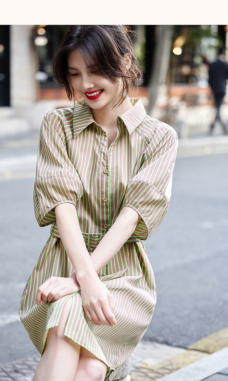 Dme [Tiansitongqin Piece] Summer French Simple Style Ceiling Lyocell Shirt Dress, Striped Waist Belt Dress 13
