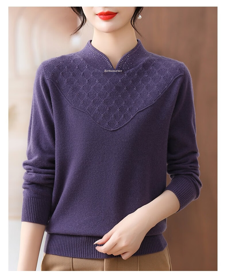Hengyuanxiang Women's 100% Pure Wool Sweater, New Chinese Style Middle-Aged Mom's Outfit, 50-60 Years Old Stylish Zodiac Year Base Layer Red Sweater 15