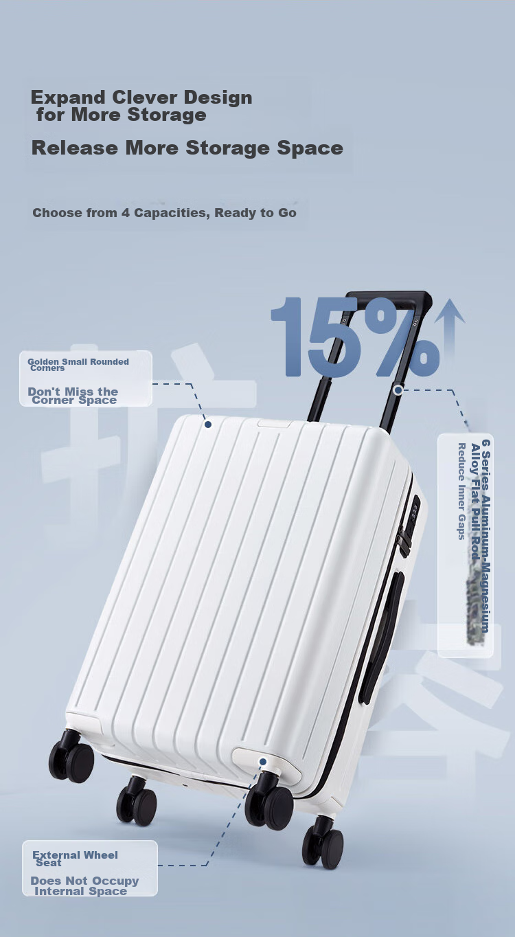 JD Original German PC Suitcase for Men And Women, Large Capacity Trolley Case Travel Luggage Leather Suitcase, Cloud White, 26 Inches, Carry-On Size 8