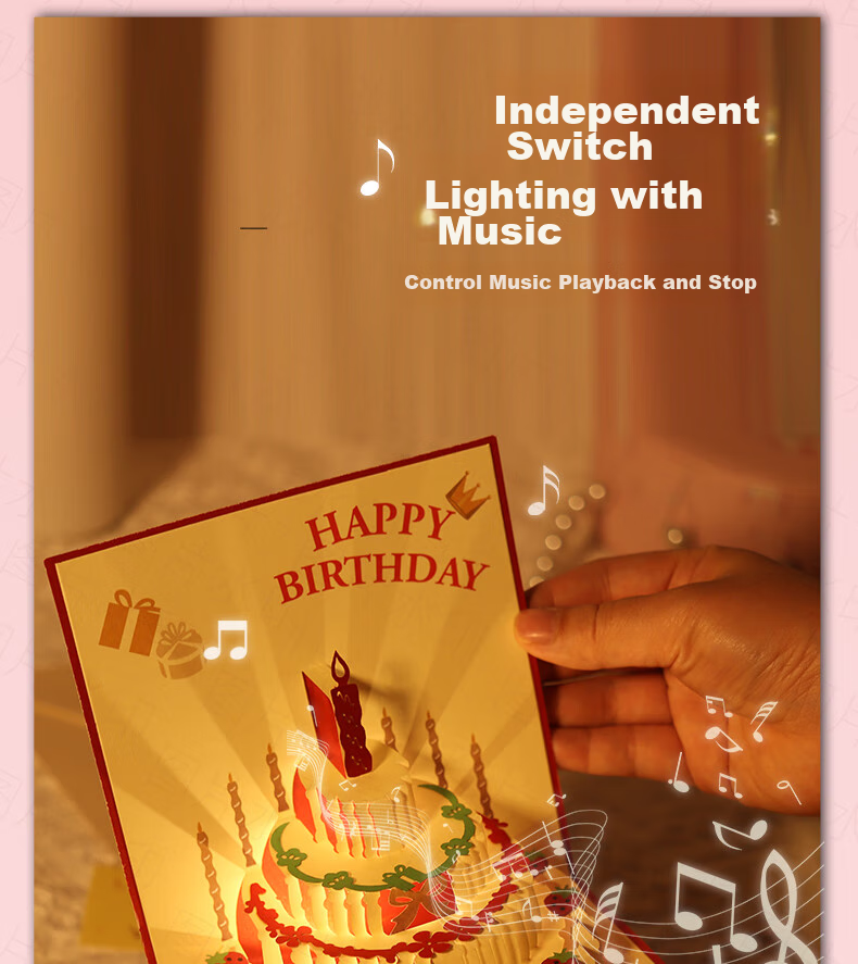 Touch Fish 3D Birthday Greeting Card, New Year Gift, 3D Cake Couple Confession Card, Creative Music Light Message Card, Letter Paper, Star Blue 3D Greeting Card (With Envelope) 5