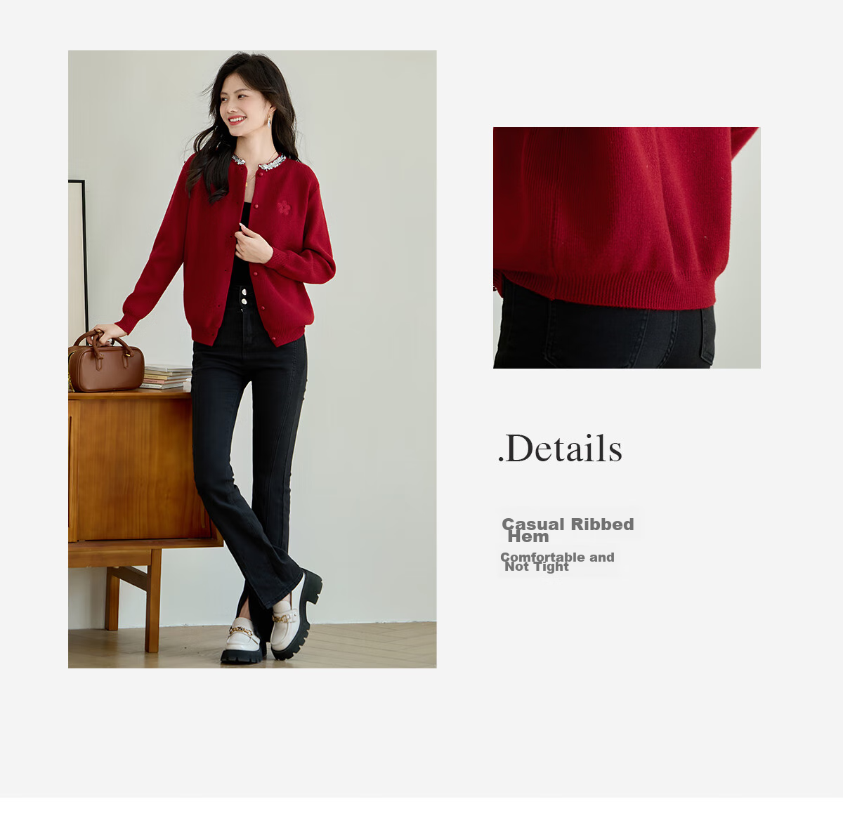 Taxiang Knitted Cardigan for Women, New Year Outfit, Red Sweater Coat with Sequins And Embroidery, Women's Cardigan Top T143Z3012 16